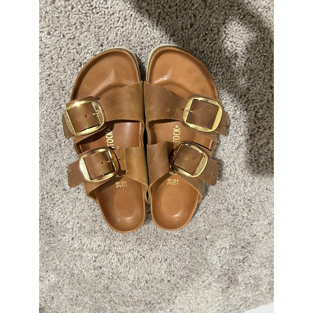 Birkenstock Arizona Big Buckle Cognac Oiled Leather Sandals EU 39 L8 M6 Gold